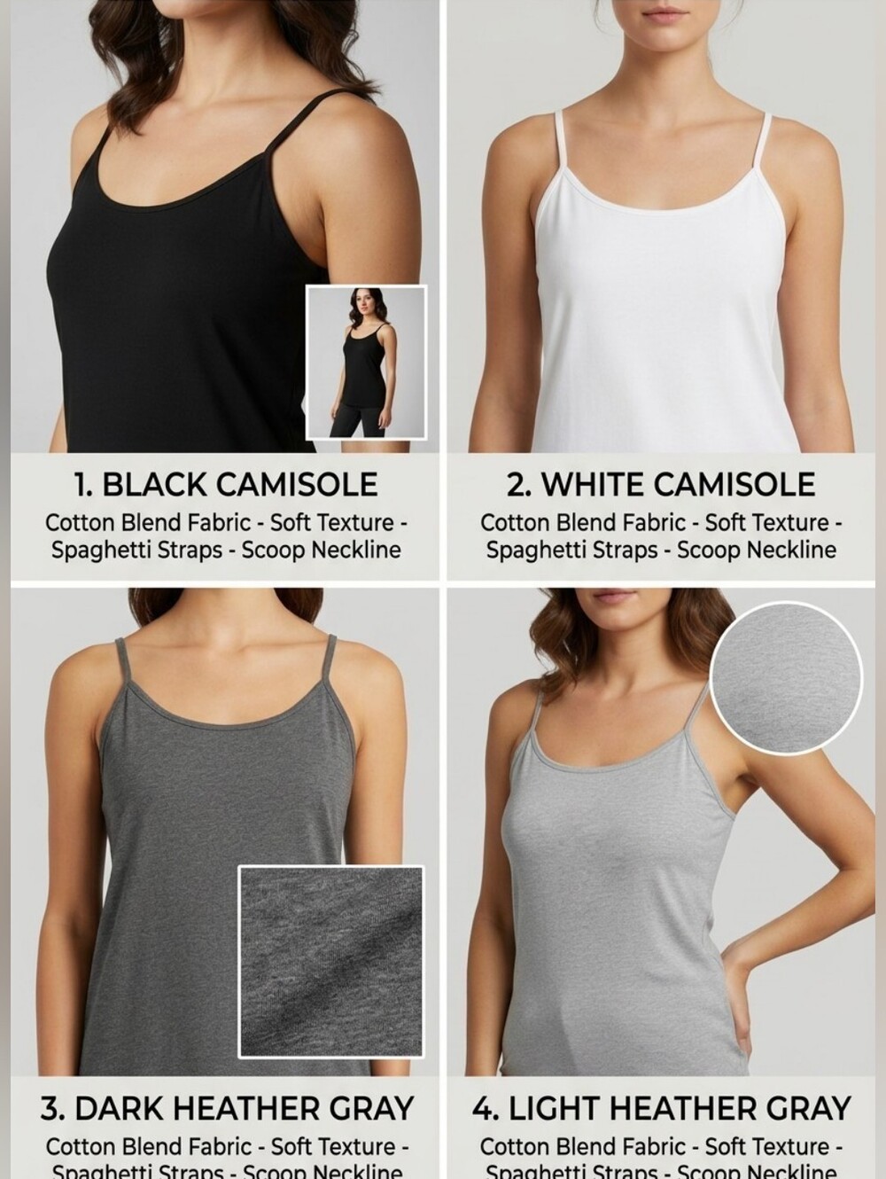 Amazon Essentials Cotton-Blend Camisole 4-Pack in Black, White & Gray Mix